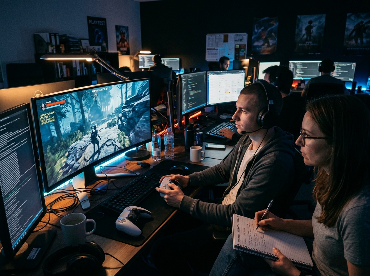 Game prototype testing session at PixForge studio