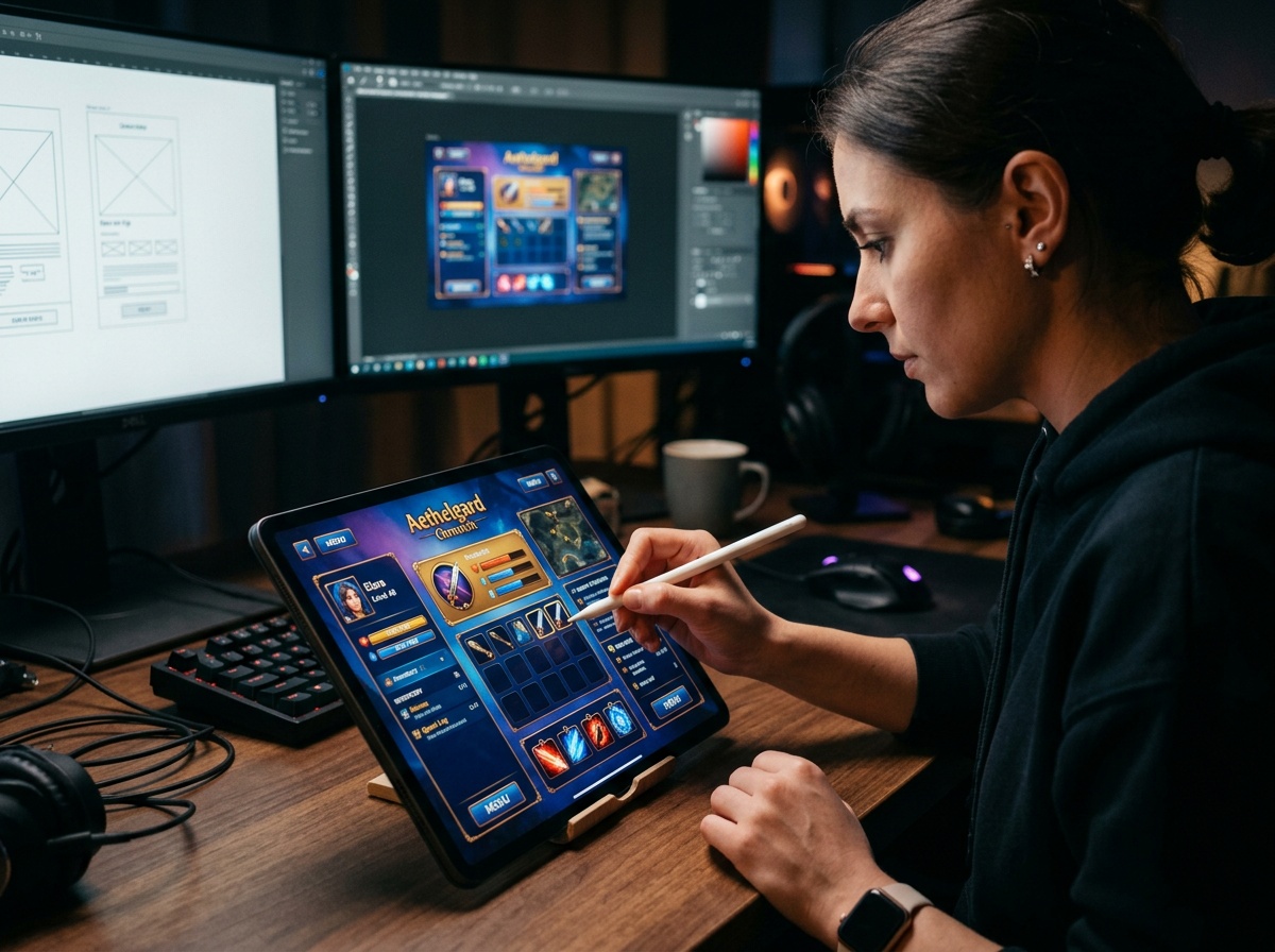Game UI/UX design in progress at PixForge studio